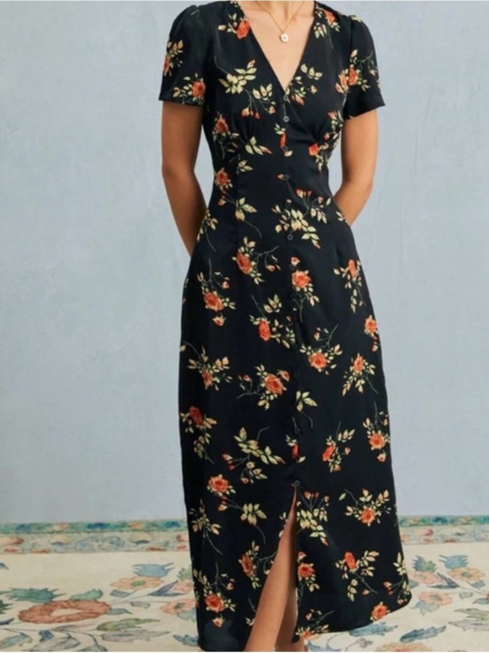 RIHOAS Black Midi Dress with Orange Floral Print
